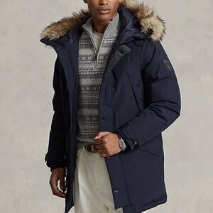 Polo Ralph Lauren Men's Blue Puffer Coat with Faux Fur Hood
